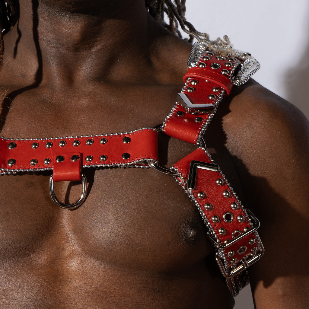 Red Leather Studded Harness