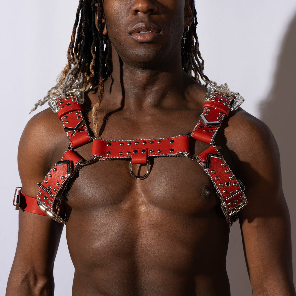 Red Leather Studded Harness OS