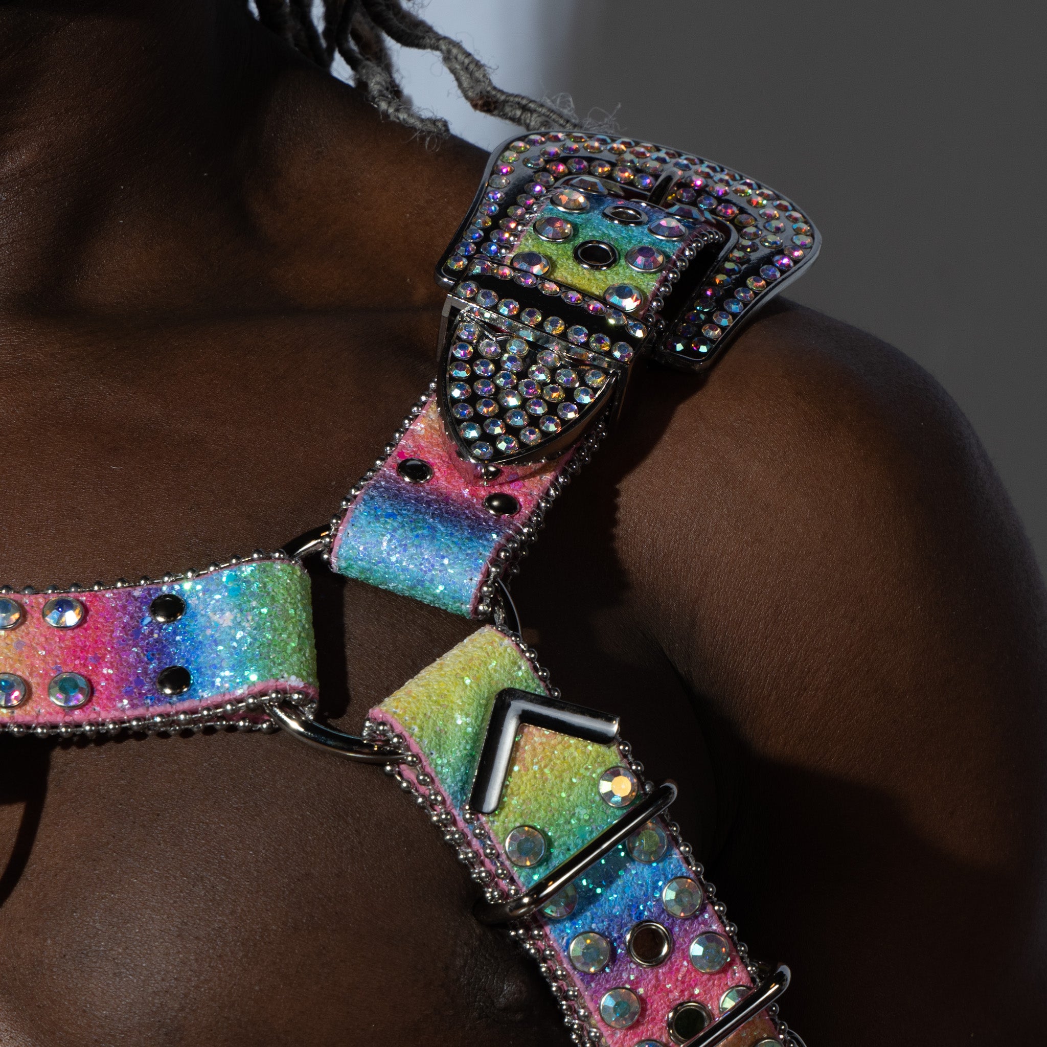 Over The Glitter Rainbow Vegan Leather Rhinestone Harness