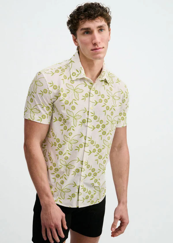Open Knit Short Sleeve Shirt w/rib collar - Ivy Floral