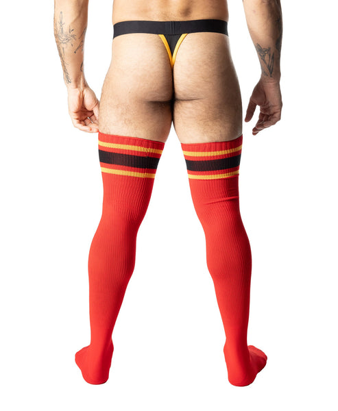 Hook'd Up Thigh High Sock - Red/Gold/Black