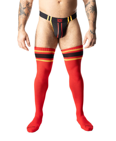 Hook'd Up Thigh High Sock - Red/Gold/Black Red