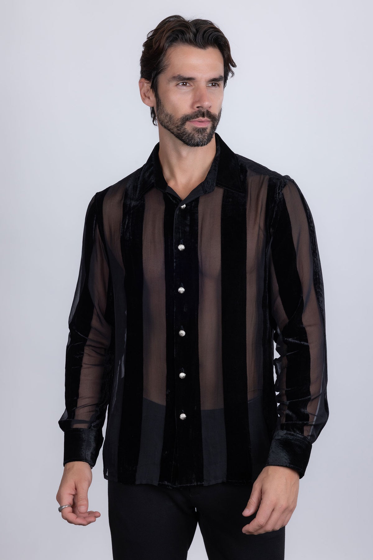 Sheer Stripe Long Sleeve Shirt Black