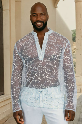 Sheer Sequin Long Sleeve Light Blue