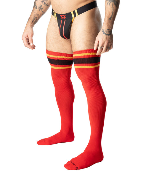 Hook'd Up Thigh High Sock - Red/Gold/Black