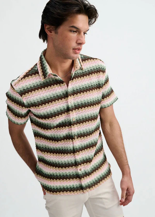 Open Knit Stretch Short Sleeve Shirt Forest Green