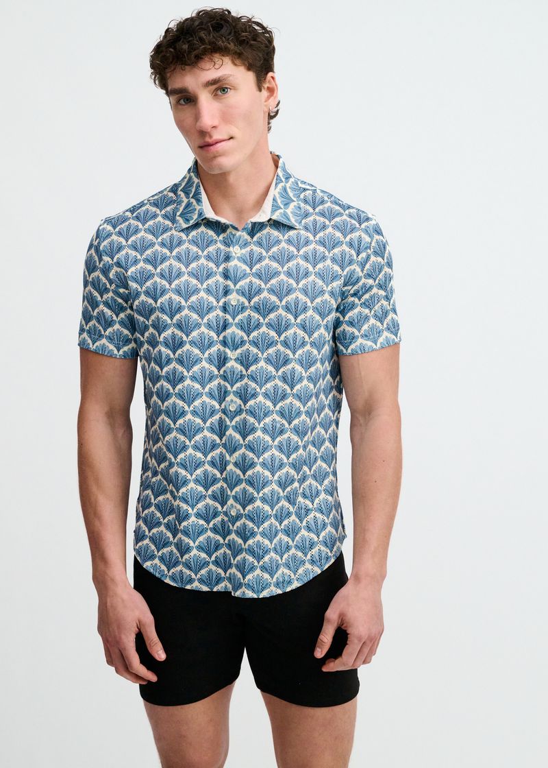 Floral Print Open Knit Stretch Short Sleeve Shirt