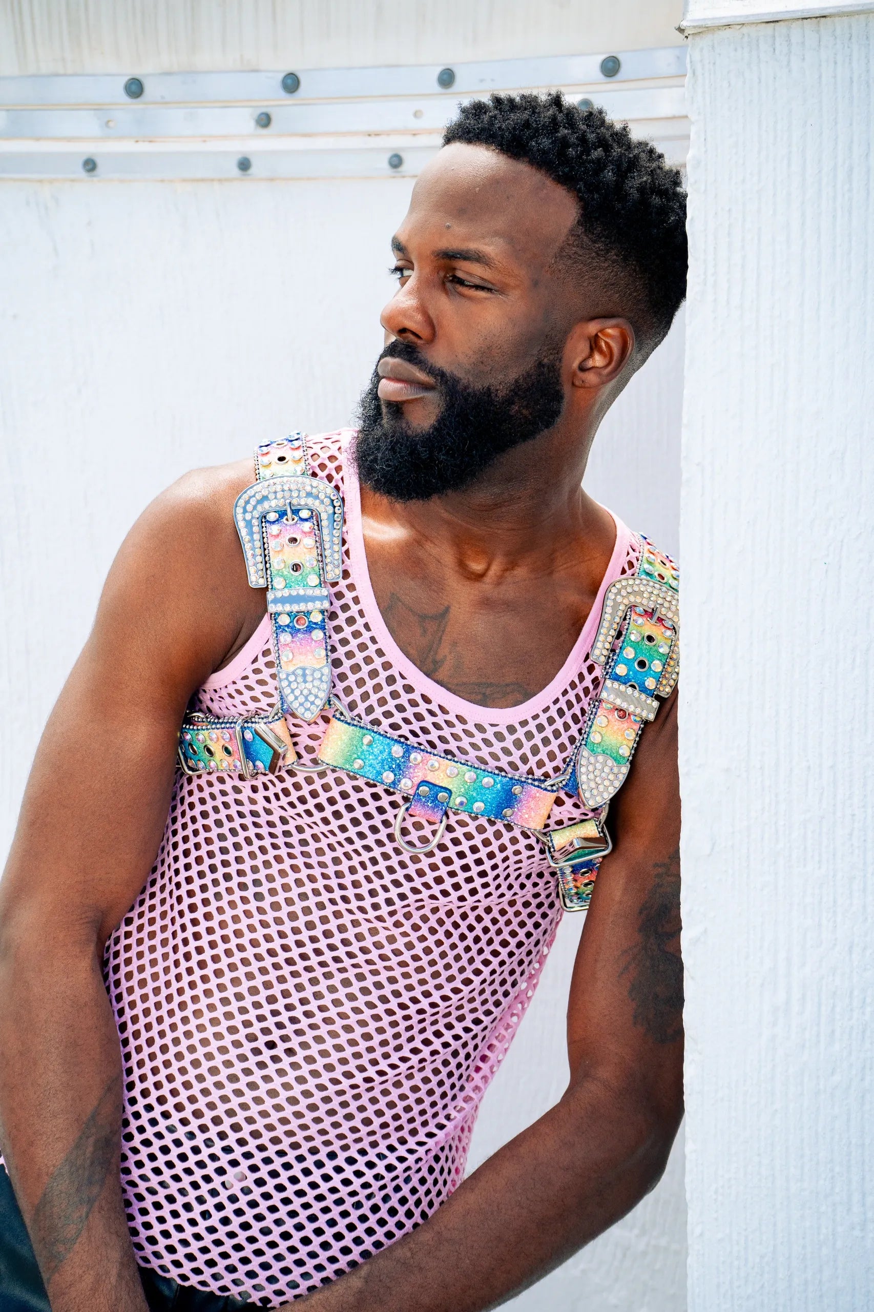 Over The Glitter Rainbow Vegan Leather Rhinestone Harness OS