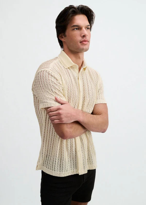 Open Knit Short Sleeve Shirt w/rib collar - Off White Off White