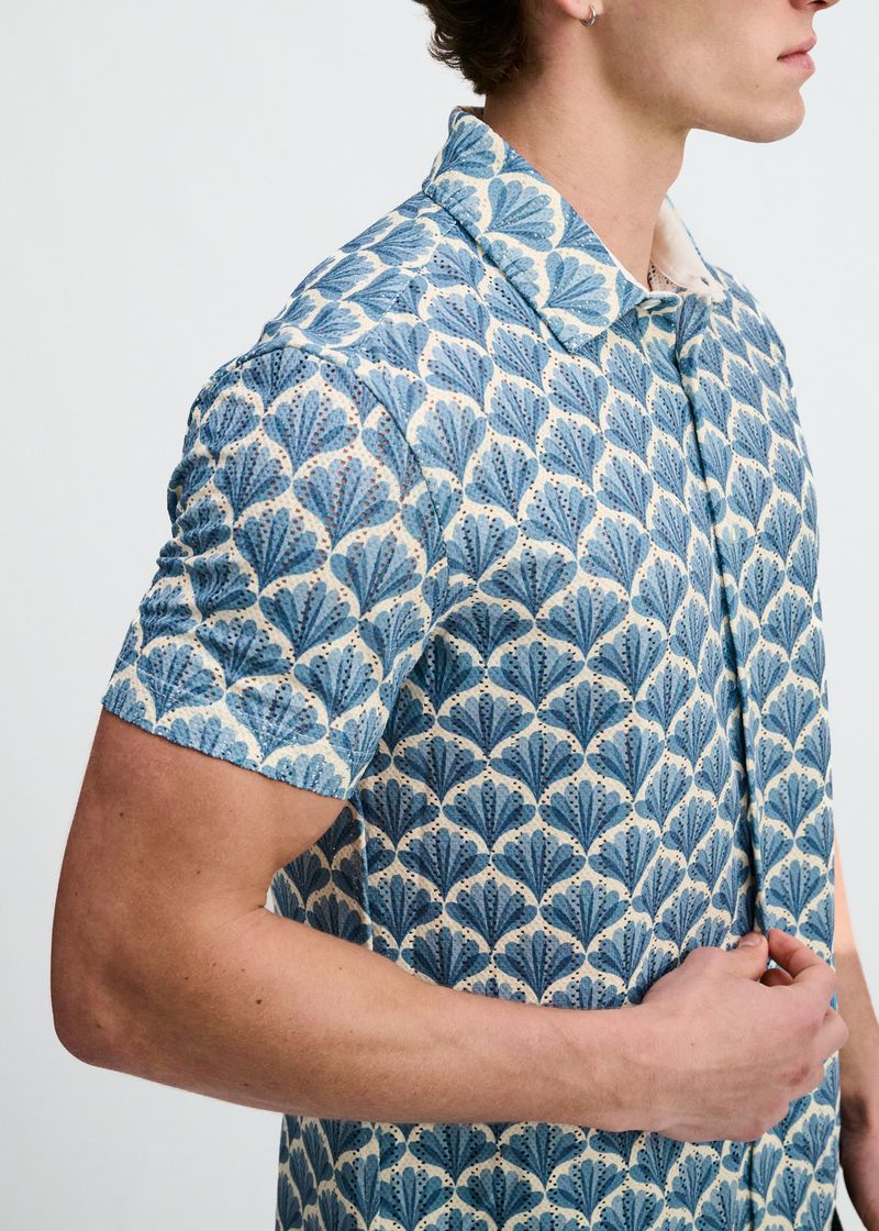 Floral Print Open Knit Stretch Short Sleeve Shirt