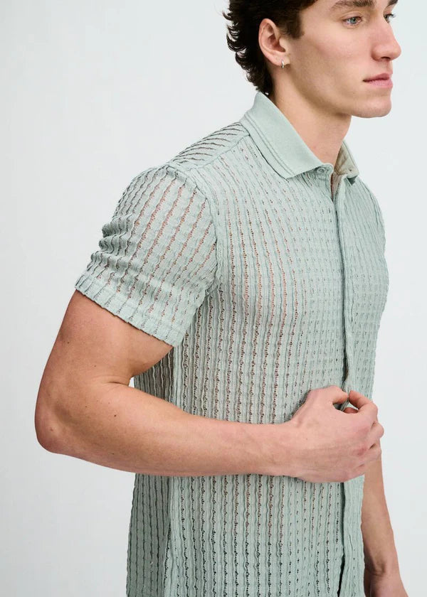 Open Knit Short Sleeve Shirt w/rib collar - Ocean