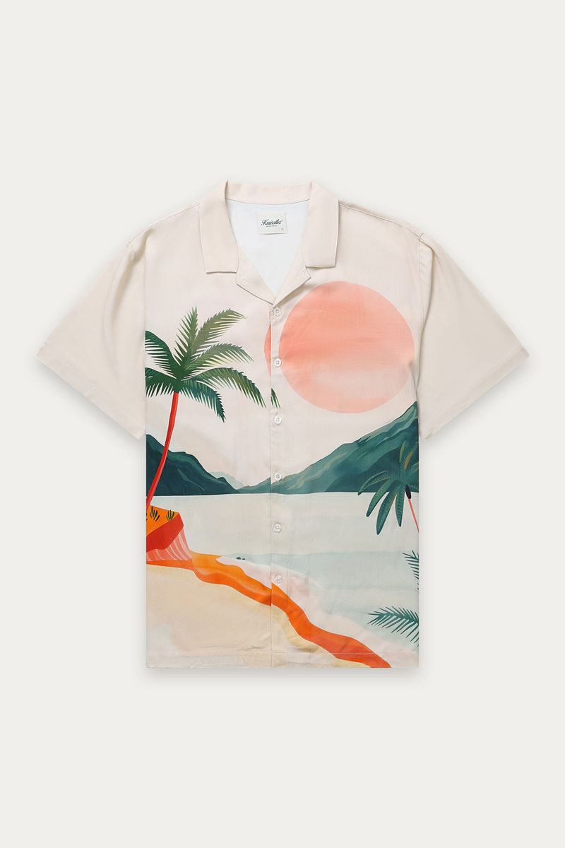Beach Shirt - Tropical Sunset Off White