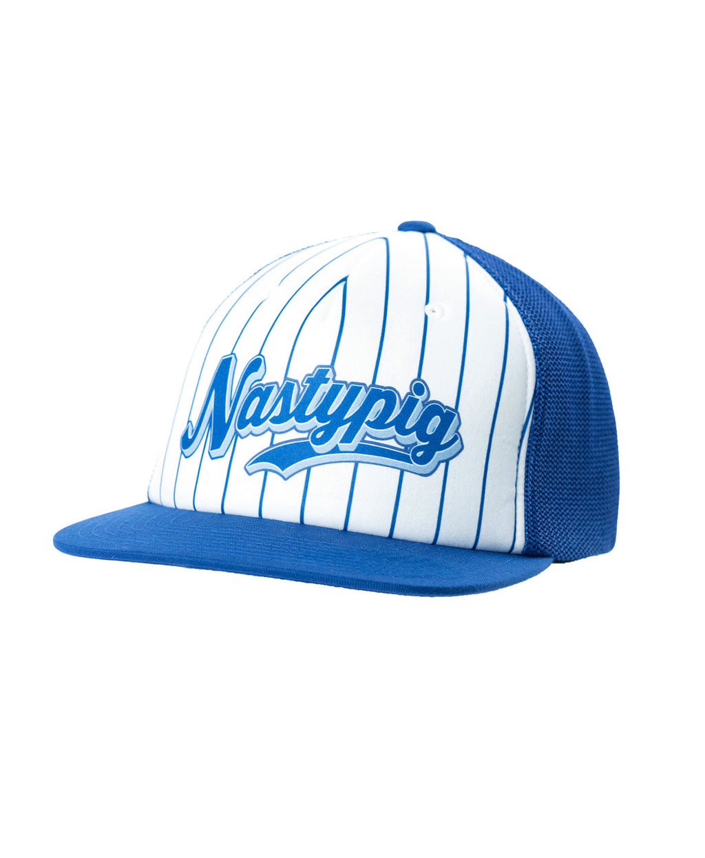 Blue and white striped cap with 'Nastypig' branding on a white background