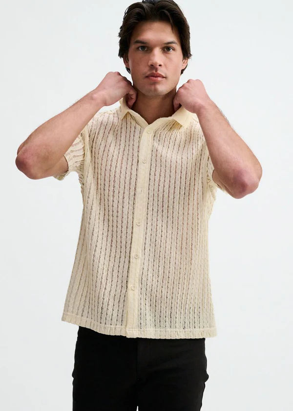 Open Knit Short Sleeve Shirt w/rib collar - Off White