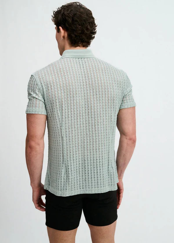 Open Knit Short Sleeve Shirt w/rib collar - Ocean