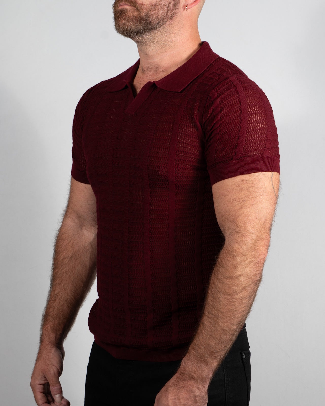 Open Collar Mesh Knit Polo