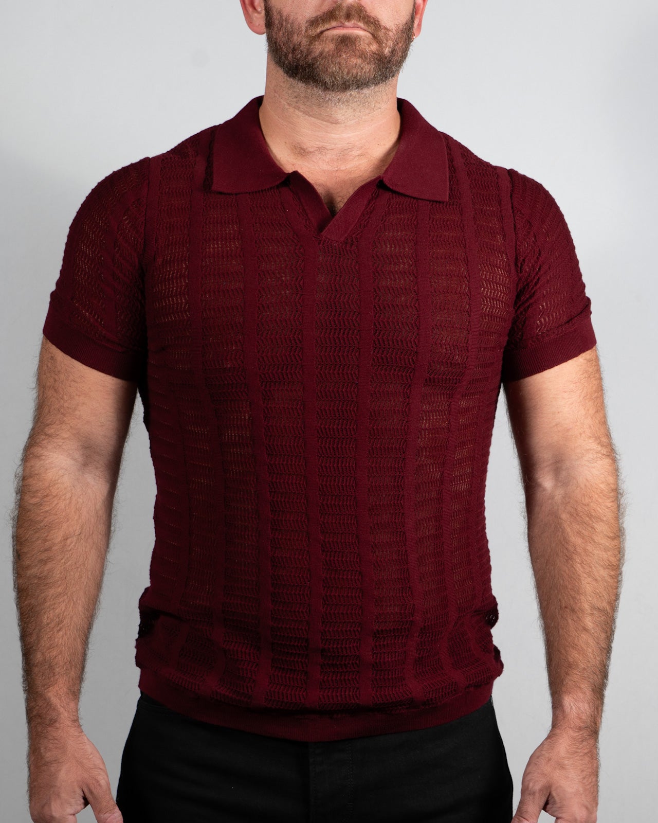 Open Collar Mesh Knit Polo Maroon
