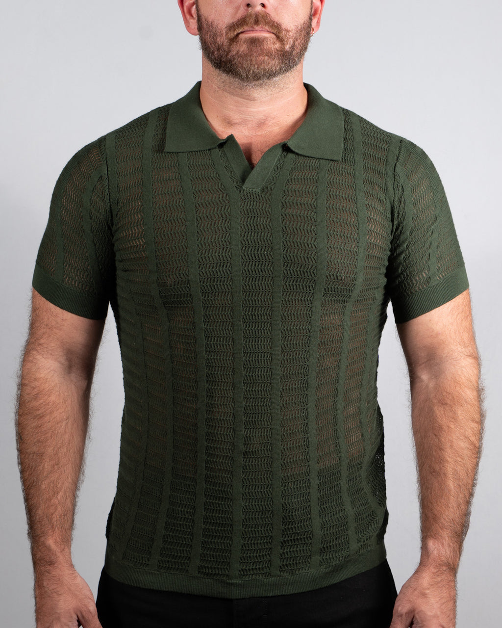 Open Collar Mesh Knit Polo Army Green