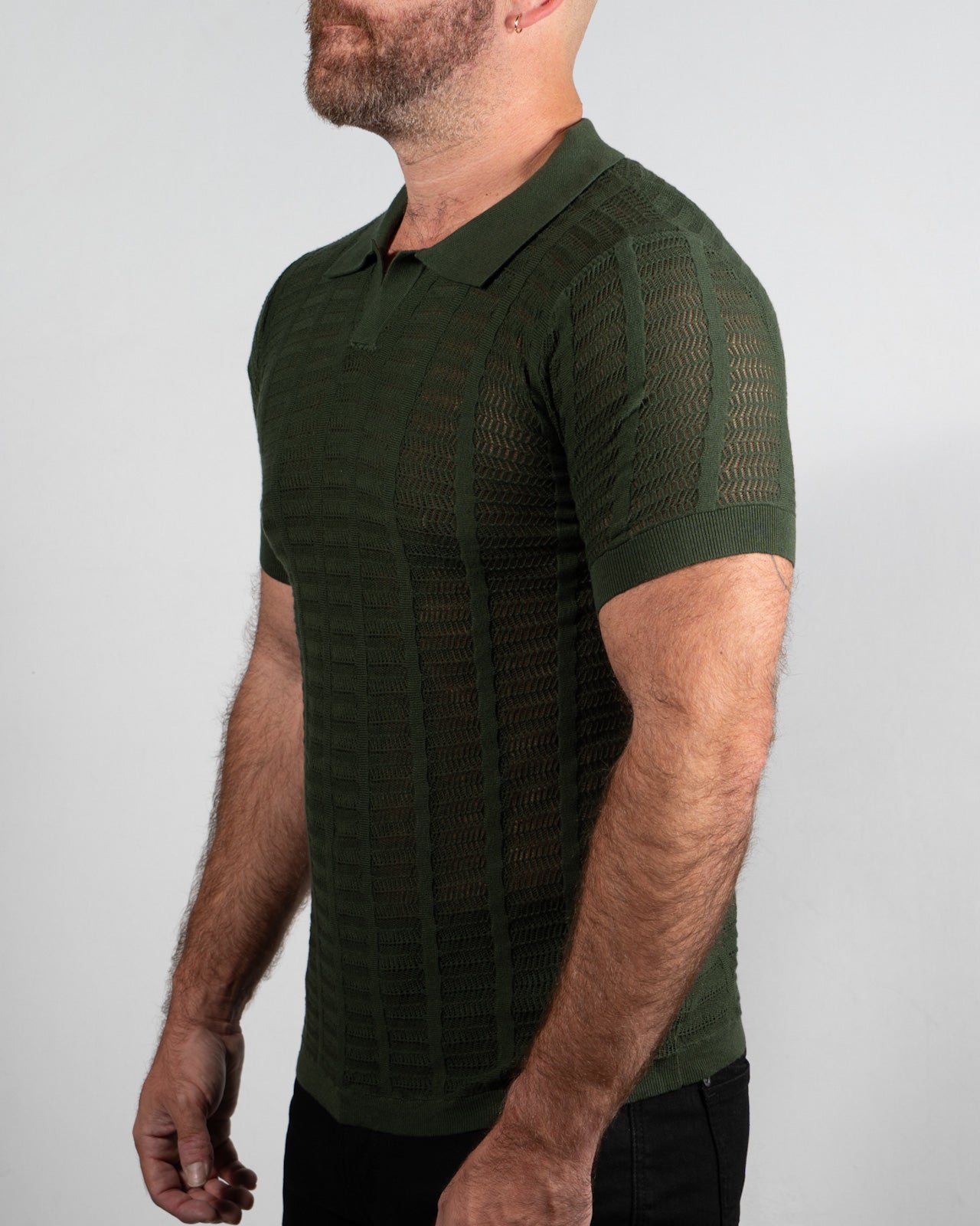 Open Collar Mesh Knit Polo