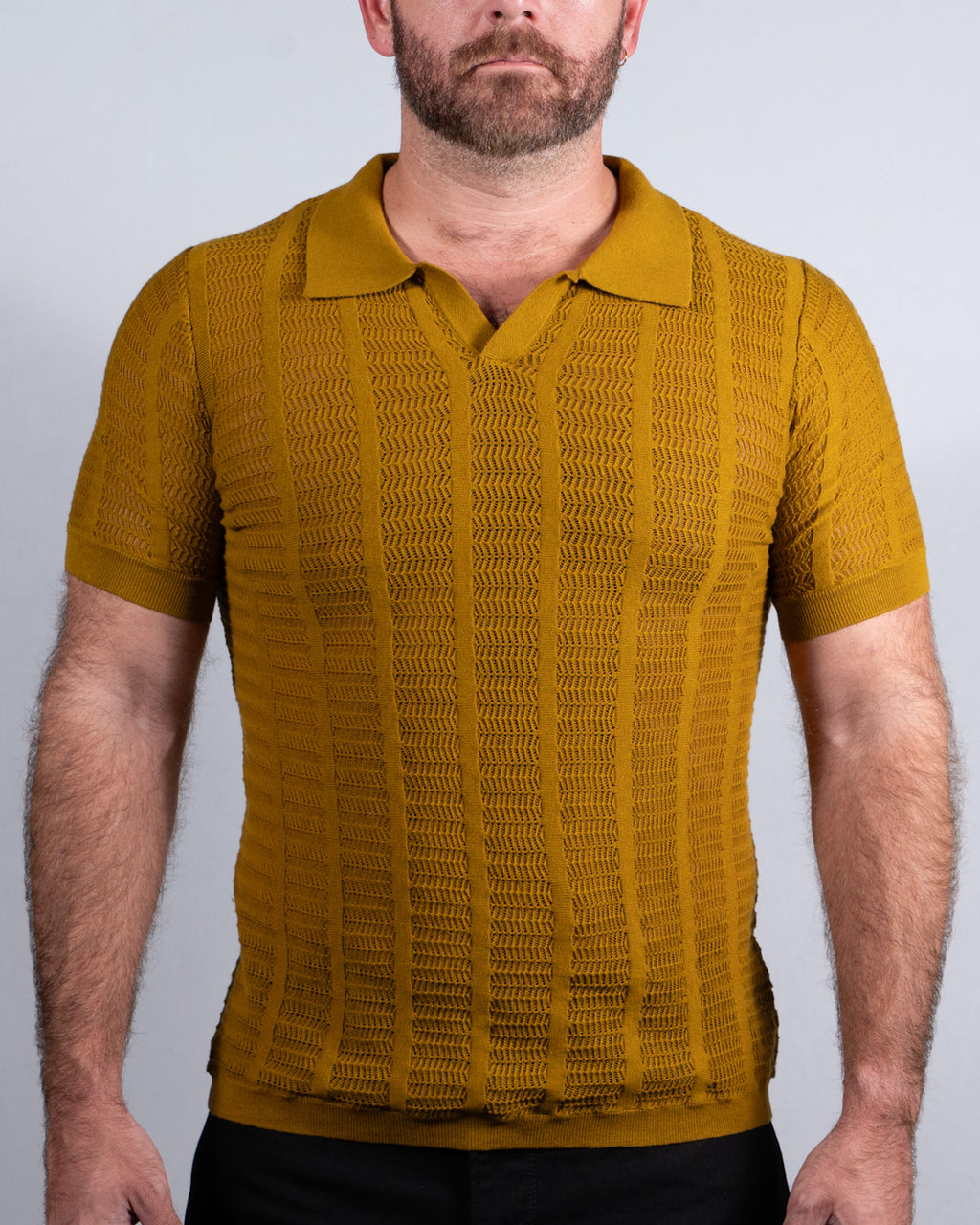 Open Collar Mesh Knit Polo Whiskey