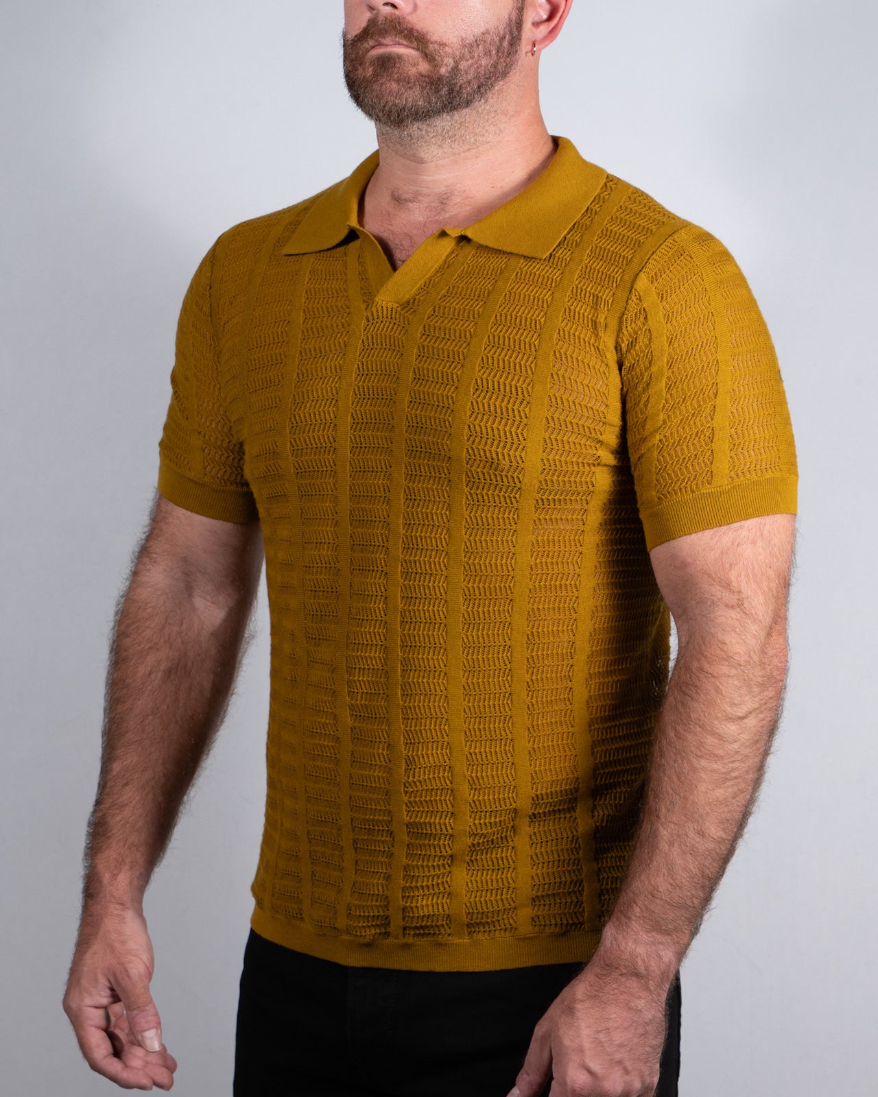 Open Collar Mesh Knit Polo