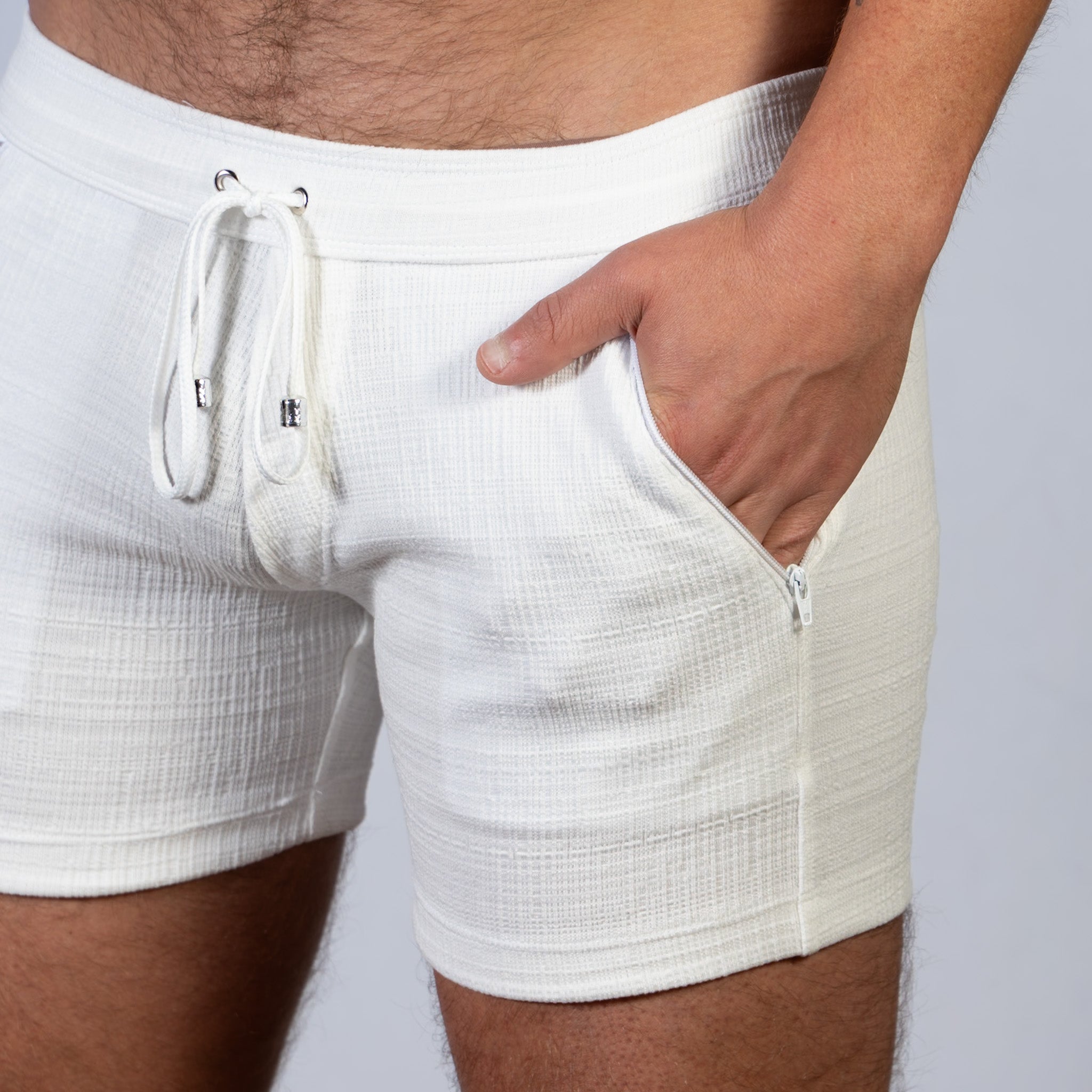 Linen Texture Zipper Shorts White