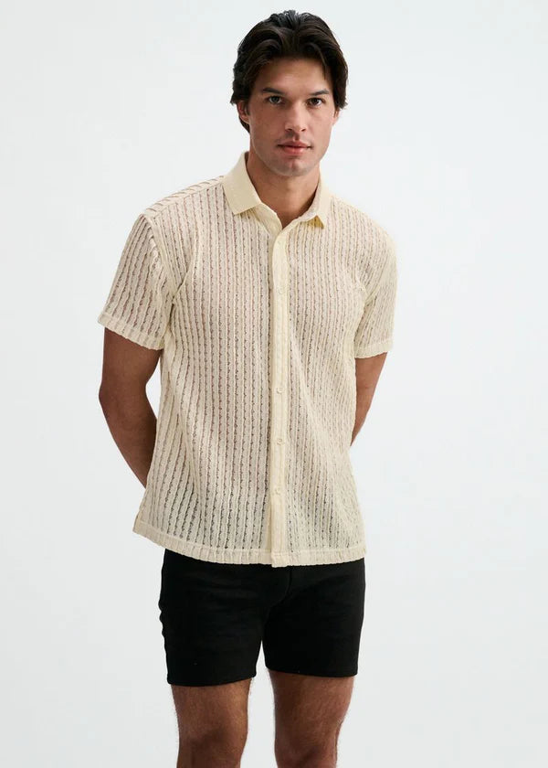 Open Knit Short Sleeve Shirt w/rib collar - Off White