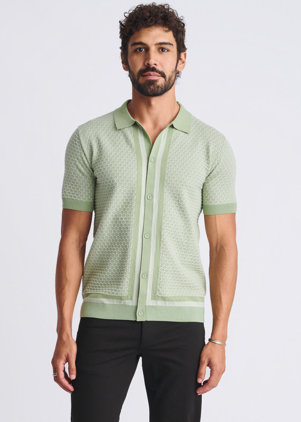 Honeycomb Textured Button Down Knit Shirt