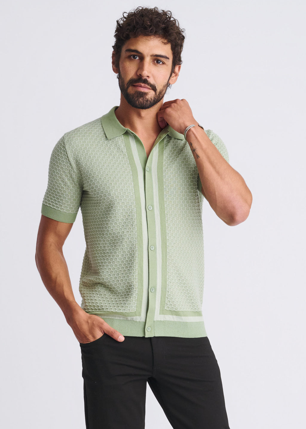 Honeycomb Textured Button Down Knit Shirt