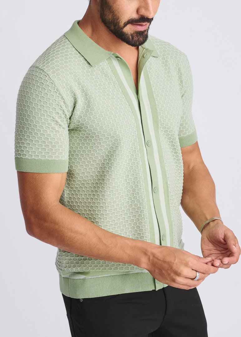 Honeycomb Textured Button Down Knit Shirt