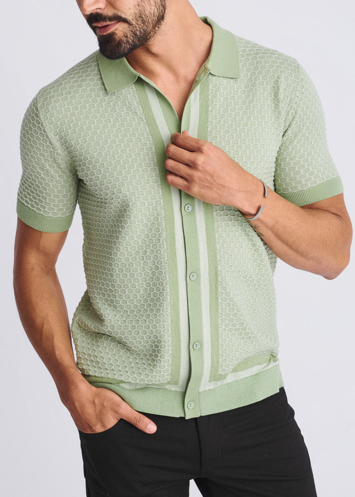 Honeycomb Textured Button Down Knit Shirt