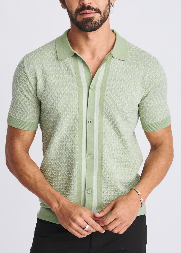 Honeycomb Textured Button Down Knit Shirt Light Moss