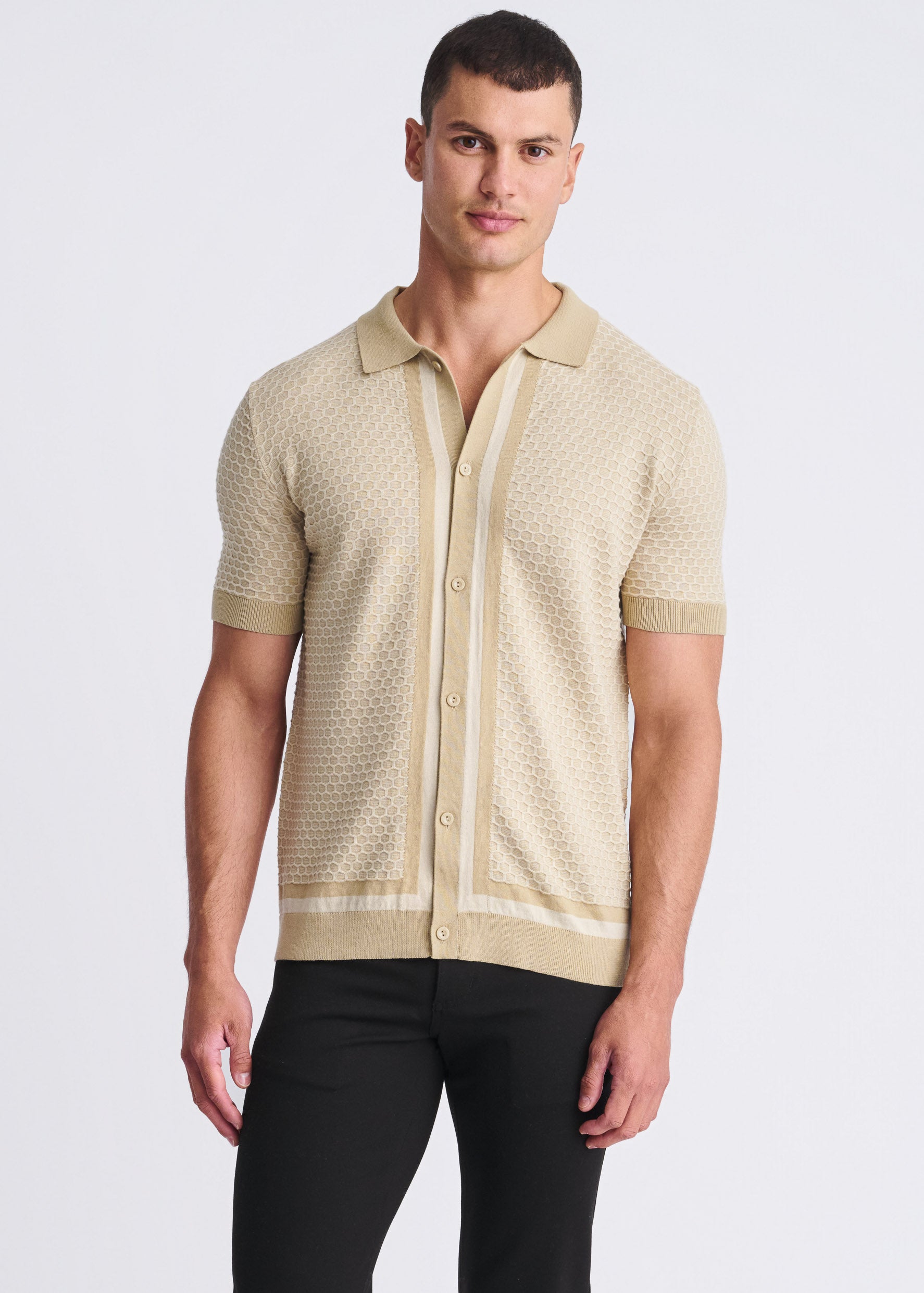 Honeycomb Textured Button Down Knit Shirt