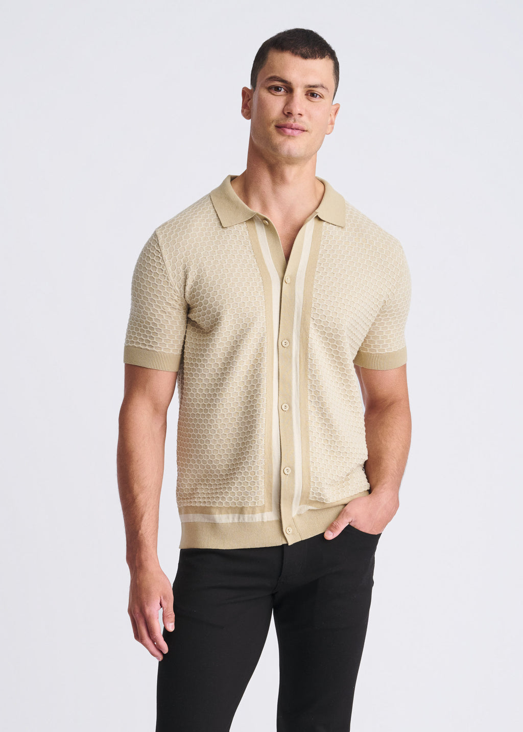 Honeycomb Textured Button Down Knit Shirt