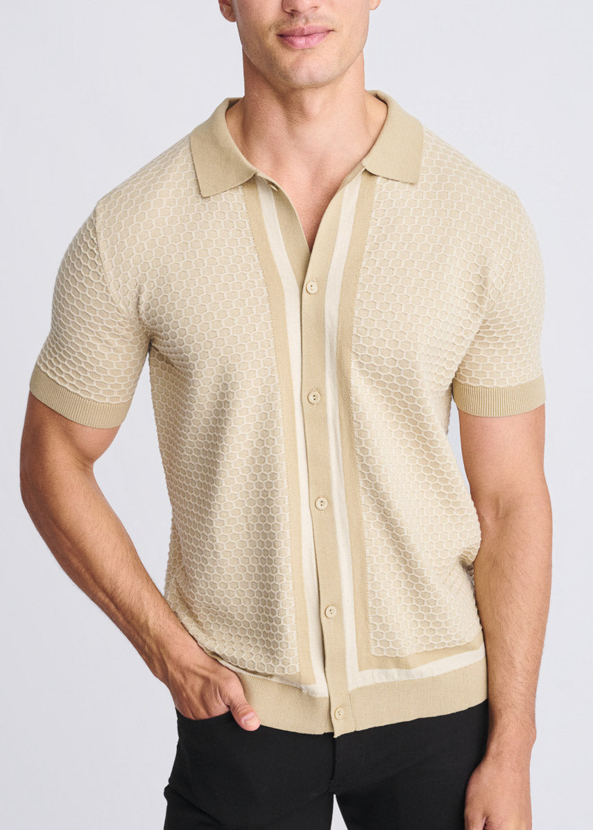Honeycomb Textured Button Down Knit Shirt