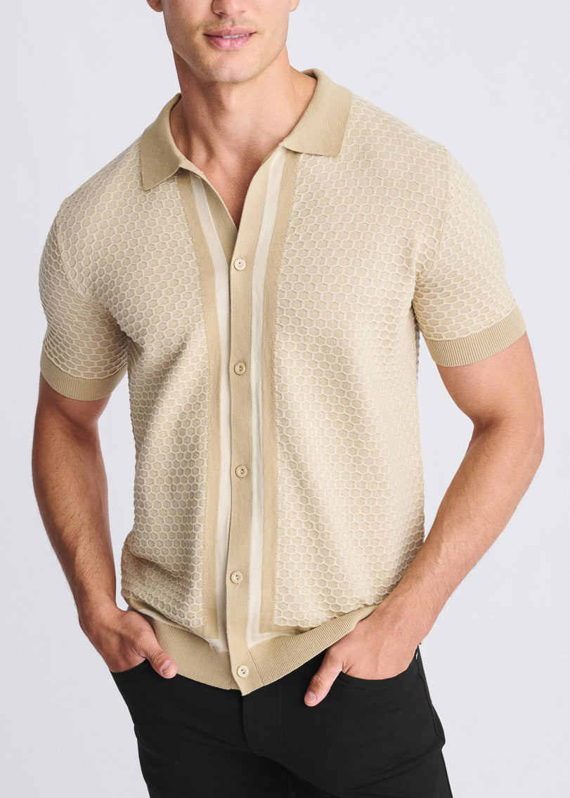 Honeycomb Textured Button Down Knit Shirt Nutmeg