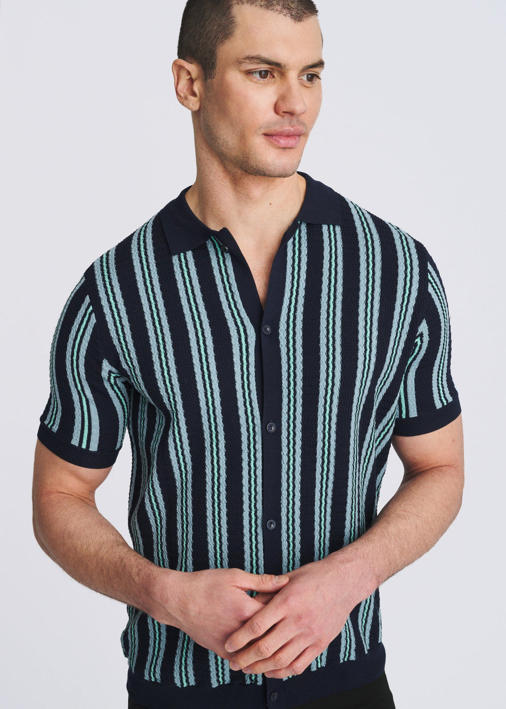 Open Mesh Pinstripes Knit Shirt