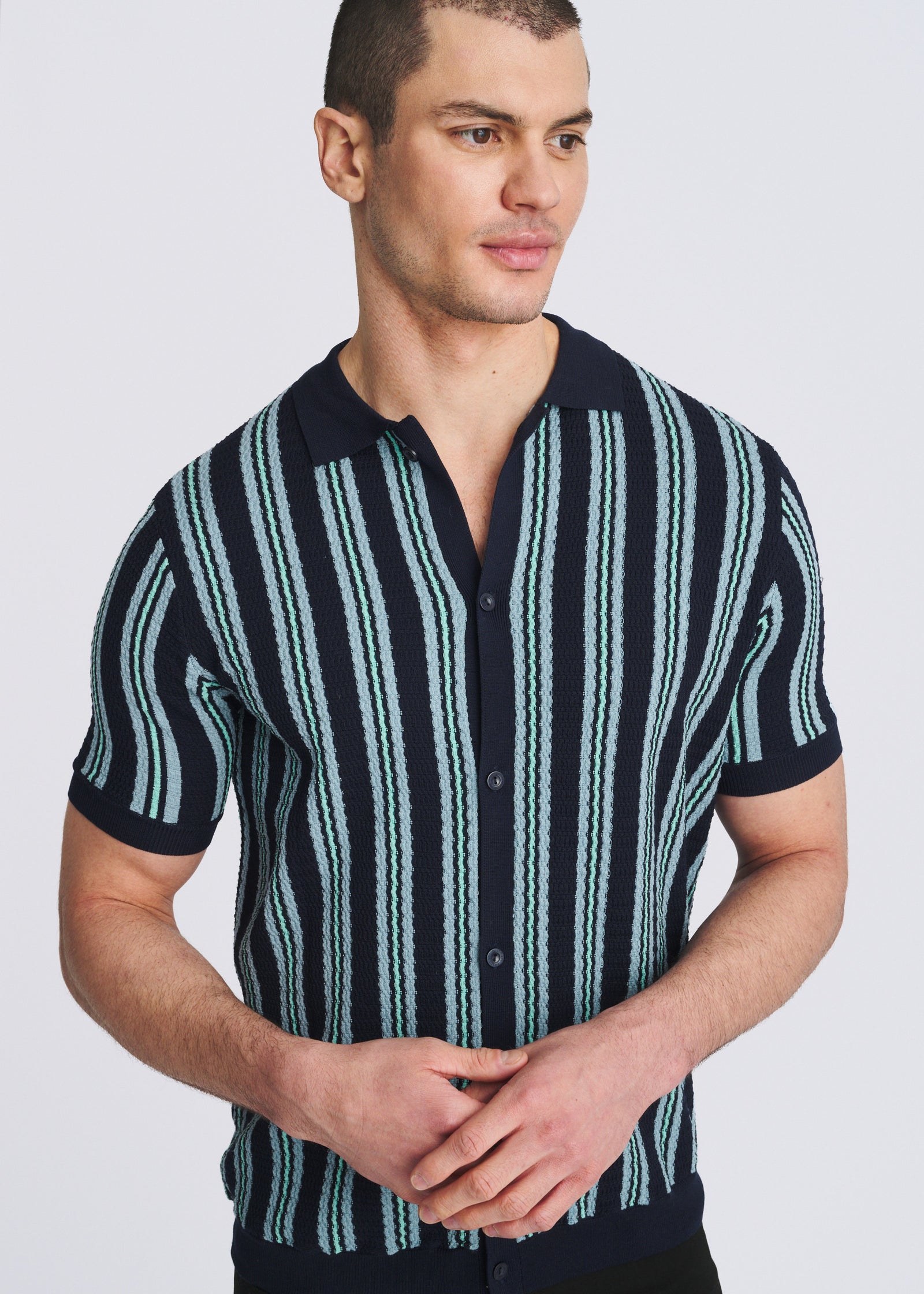Open Mesh Pinstripes Knit Shirt