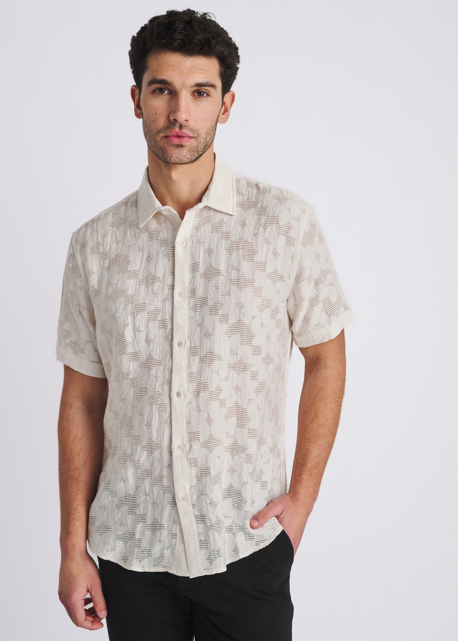 Ecru Floral Lightweight Jacquard Short Sleeve Shirt