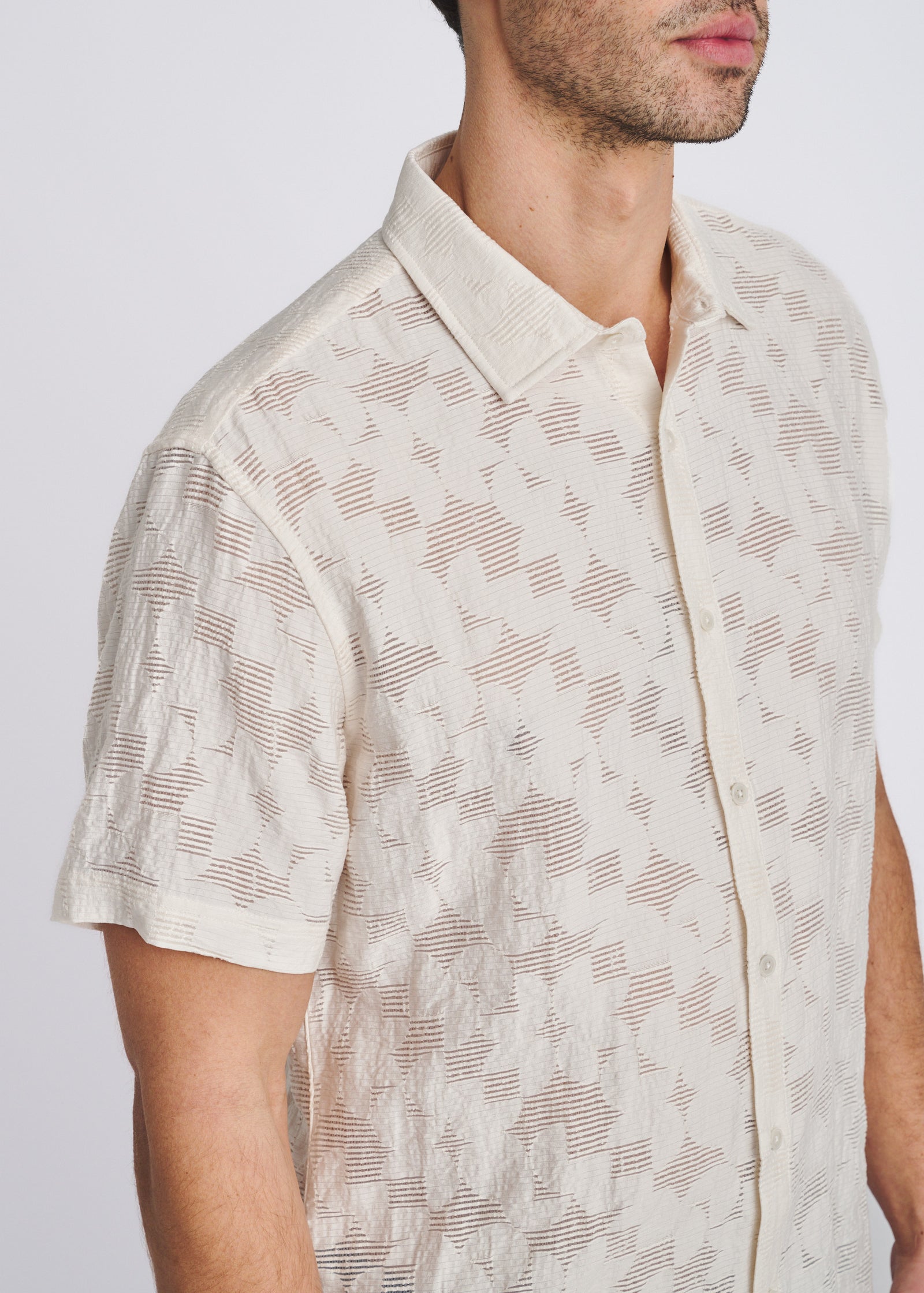 Ecru Floral Lightweight Jacquard Short Sleeve Shirt