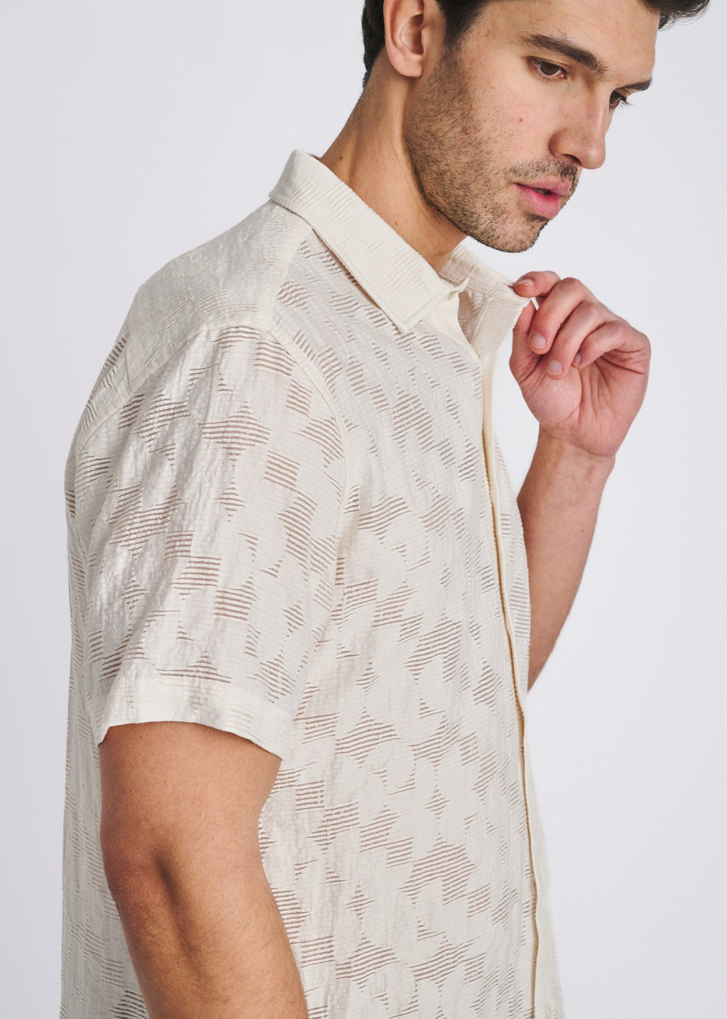 Ecru Floral Lightweight Jacquard Short Sleeve Shirt