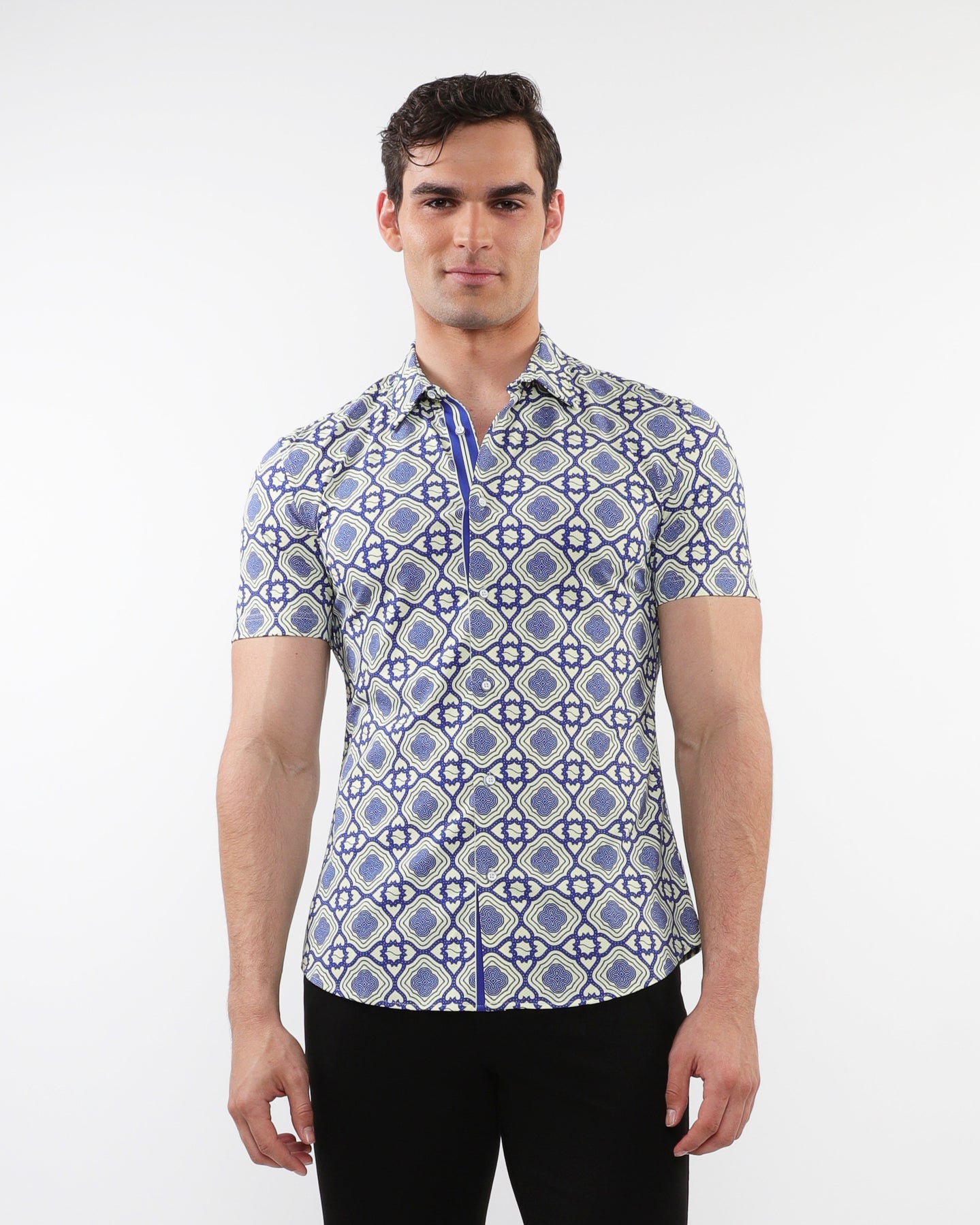 Cream Tiles Performance Short Sleeve Shirt Blue