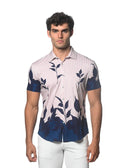 Jersey Knit Shirt - Leaves Print Navy Beige