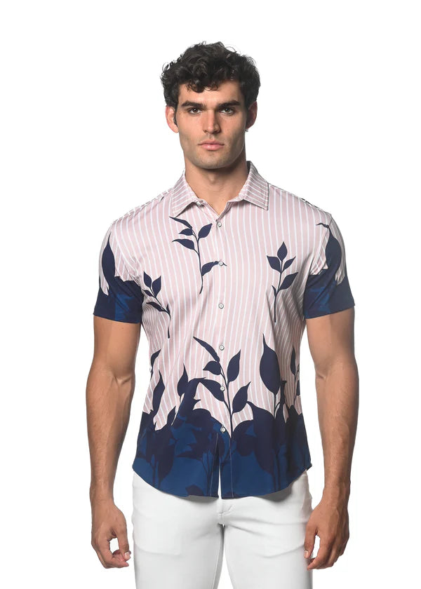 Jersey Knit Shirt - Leaves Print Navy Beige