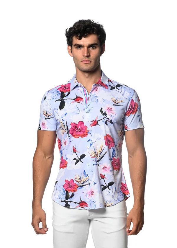 Floral Jersey Knit Shirt - Hibiscus Print Periwinkle