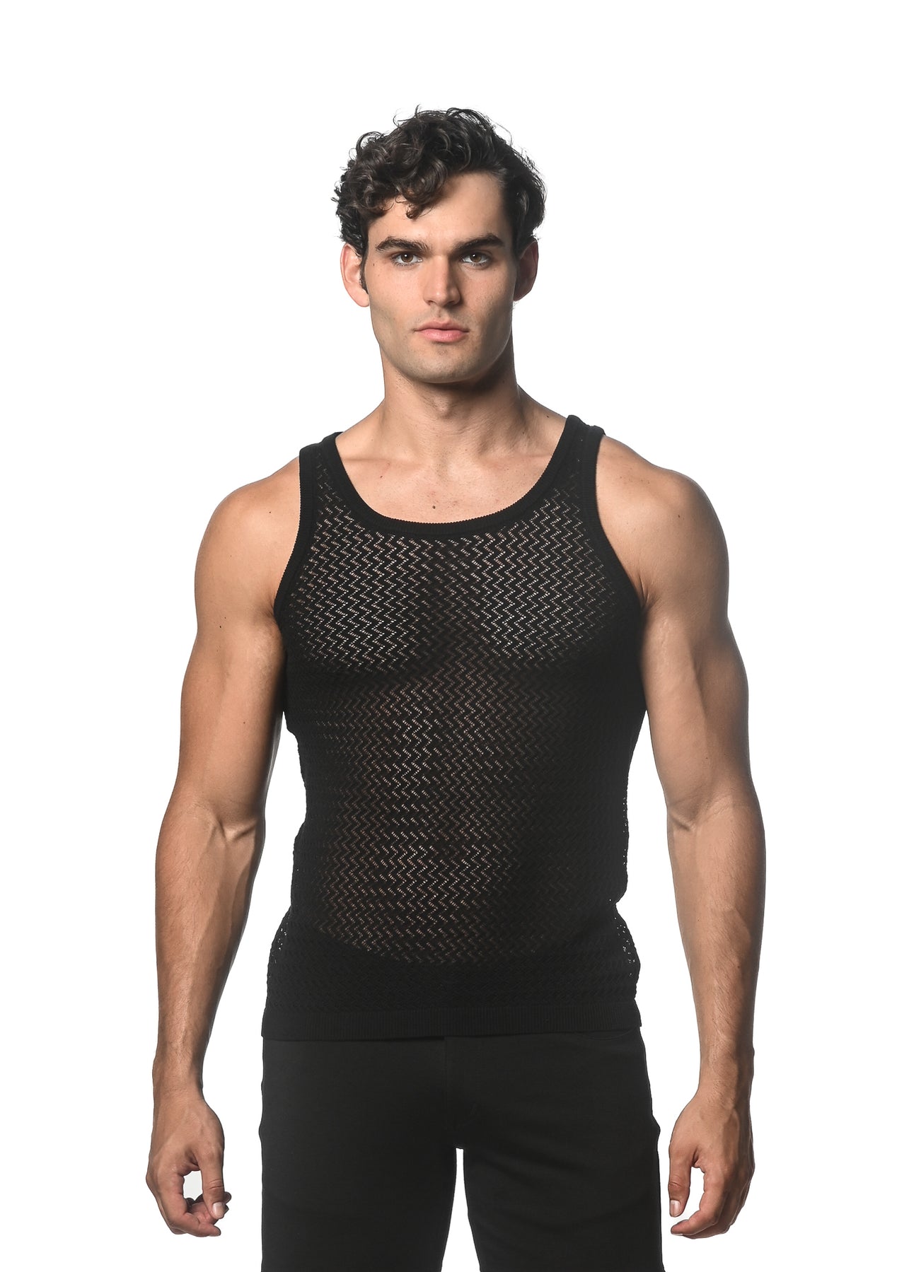 Open Mesh Chevron Knitted Tank Black
