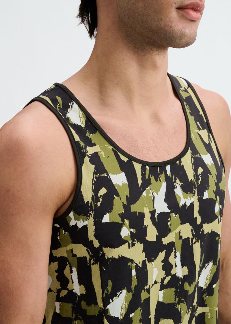 ABSTRACT PRINT STRETCH MESH KNIT TANK TOP