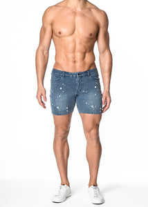 5" Stretch Knit Jean Short - Denim Paint Spots