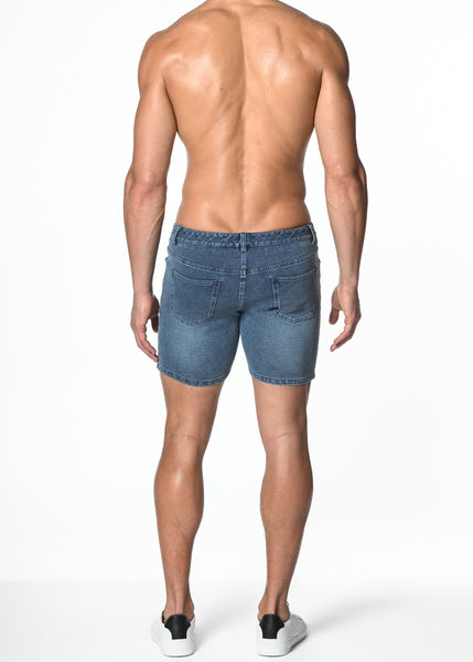 5" Stretch Knit Jean Short - Denim Paint Spots