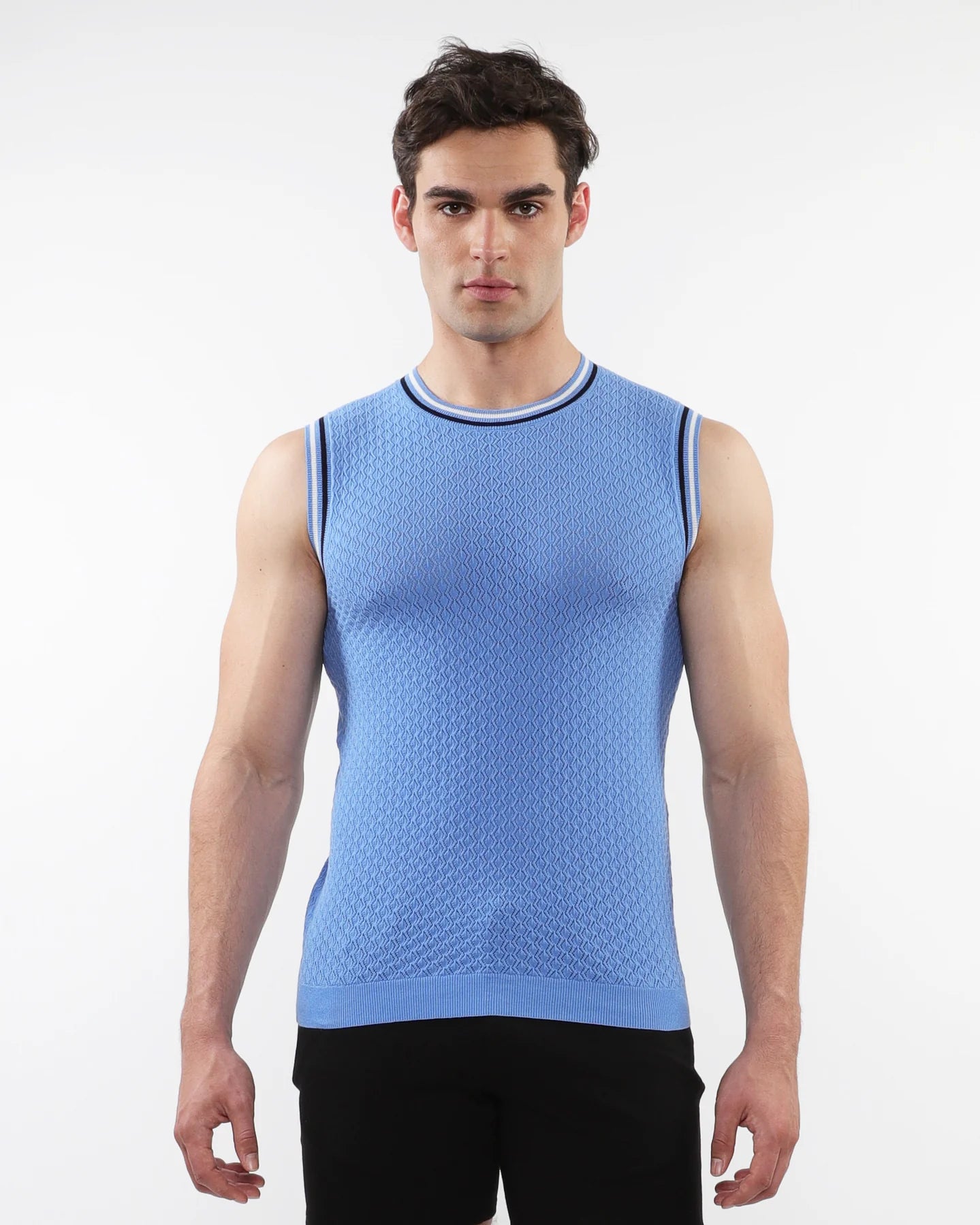 Textured Open Mesh Knitted Vest Blue